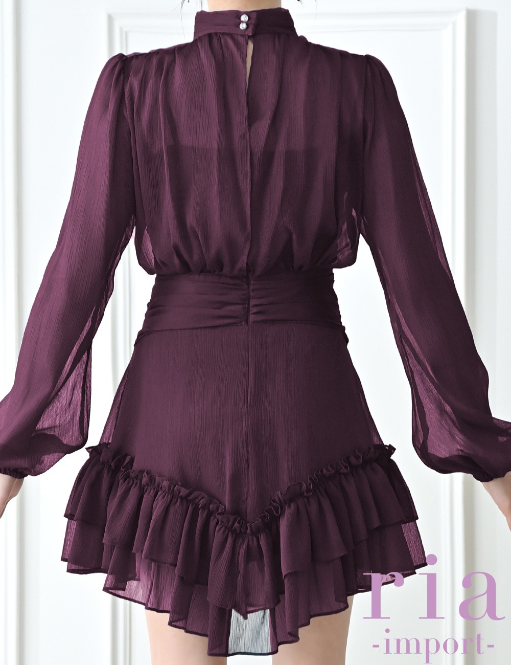 【ria】ミニ/ドレス/ワンピース/ワインレッド/袖あり/長袖/フレア/シフォン