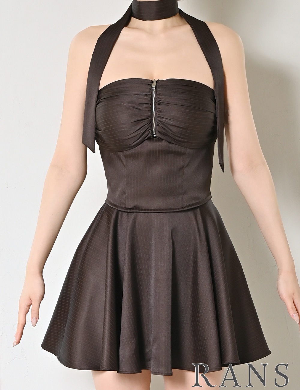 [即納][instock]【RANS】ミニ/ドレス/セットアップ/ブラウン/ベア/フレア/サテン/ドレープ/柄/ストライプ