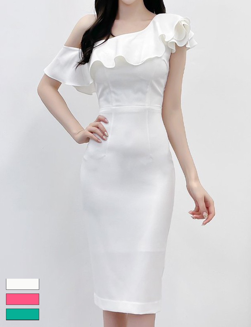 [instock]【AIDMAX】丈長/ドレス/ワンピース/タイト/ワンショル/ホワイト/フリル