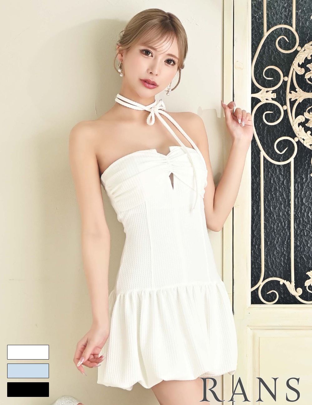 [即納][instock]【RANS】ミニ/ドレス/ワンピース/ホワイト/ベア/バルーンスカート/ワッフル生地/リボン