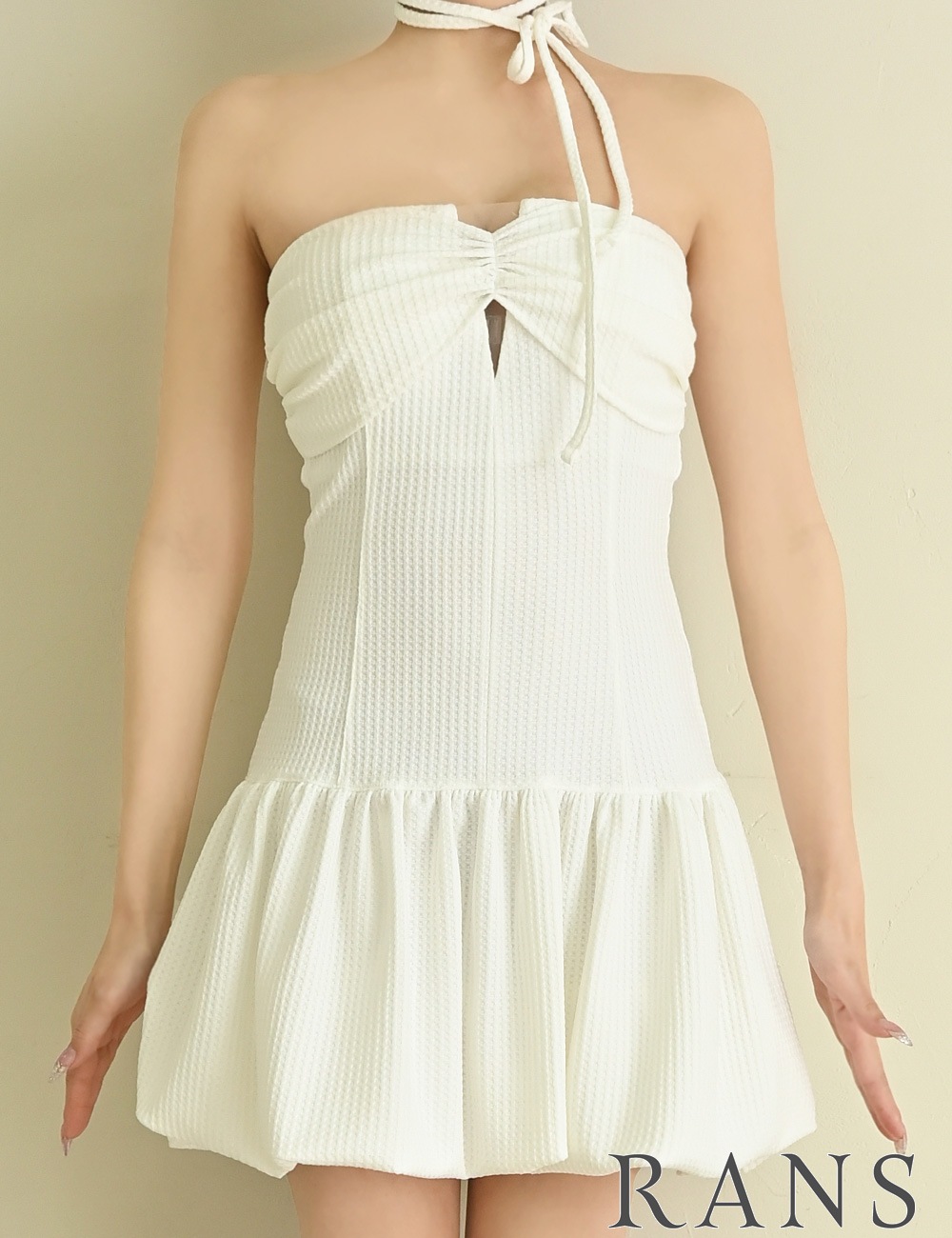 [即納][instock]【RANS】ミニ/ドレス/ワンピース/ホワイト/ベア/バルーンスカート/ワッフル生地/リボン