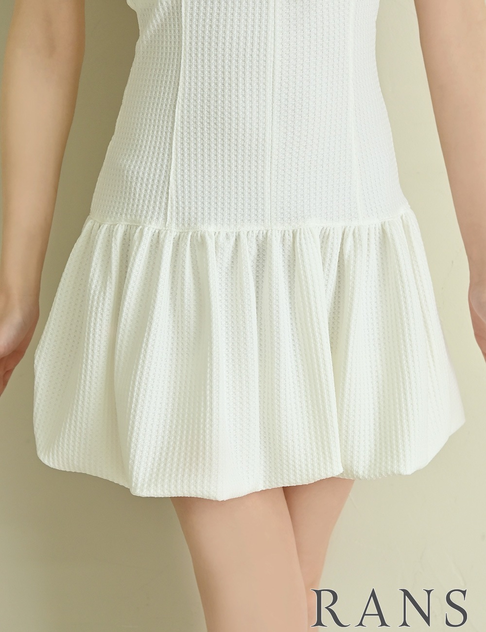 [即納][instock]【RANS】ミニ/ドレス/ワンピース/ホワイト/ベア/バルーンスカート/ワッフル生地/リボン