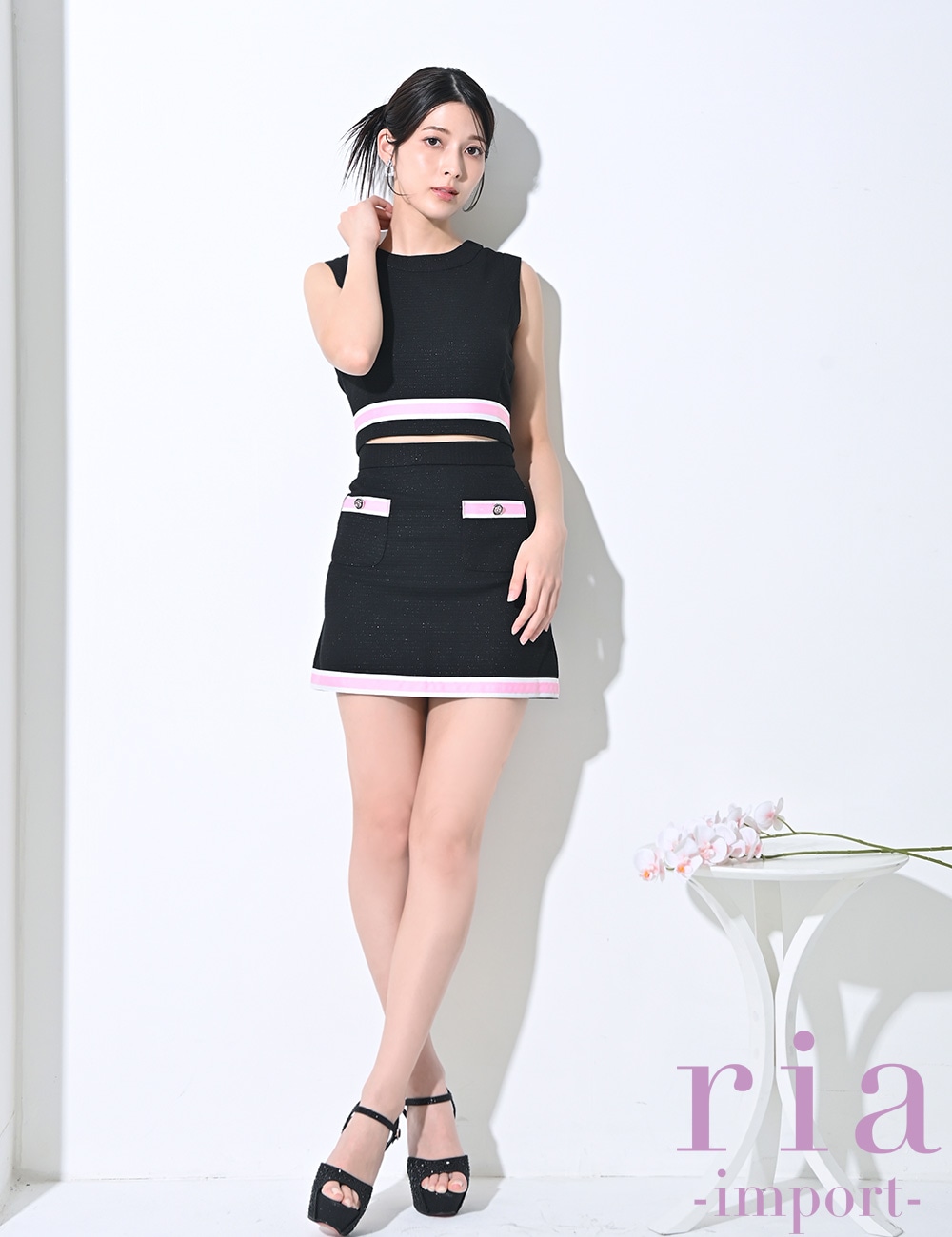 ria】ミニ/ドレス/セットアップ/ブラック/ハイネック/タイト/バイ