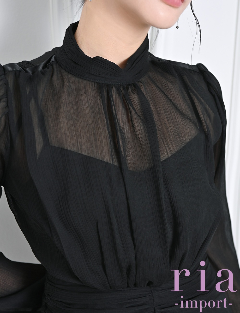 【ria】ミニ/ドレス/ワンピース/ブラック/袖あり/長袖/フレア/シフォン