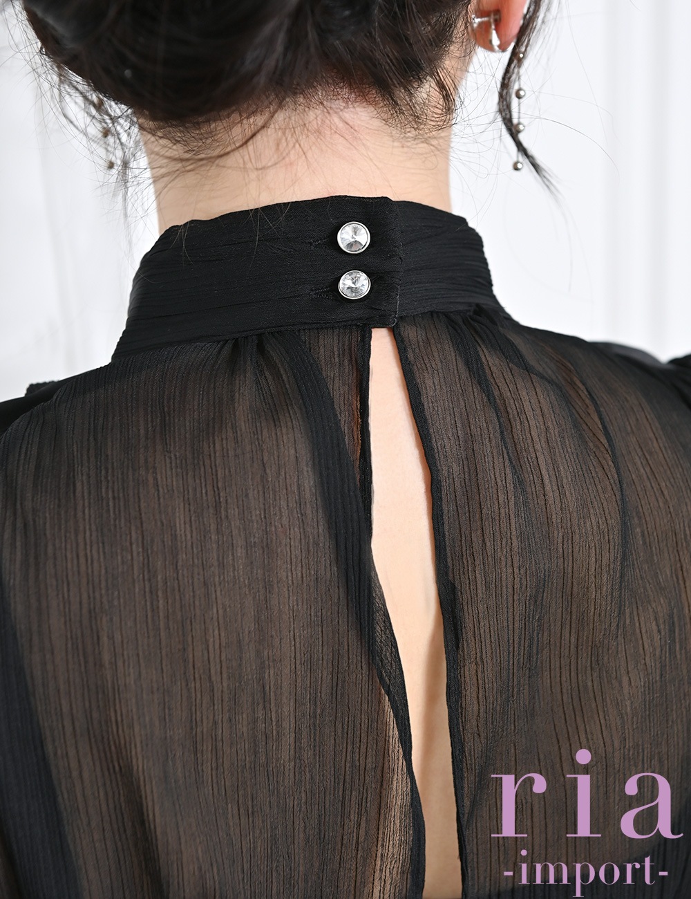 ria】ミニ/ドレス/ワンピース/ブラック/袖あり/長袖/フレア/シフォン