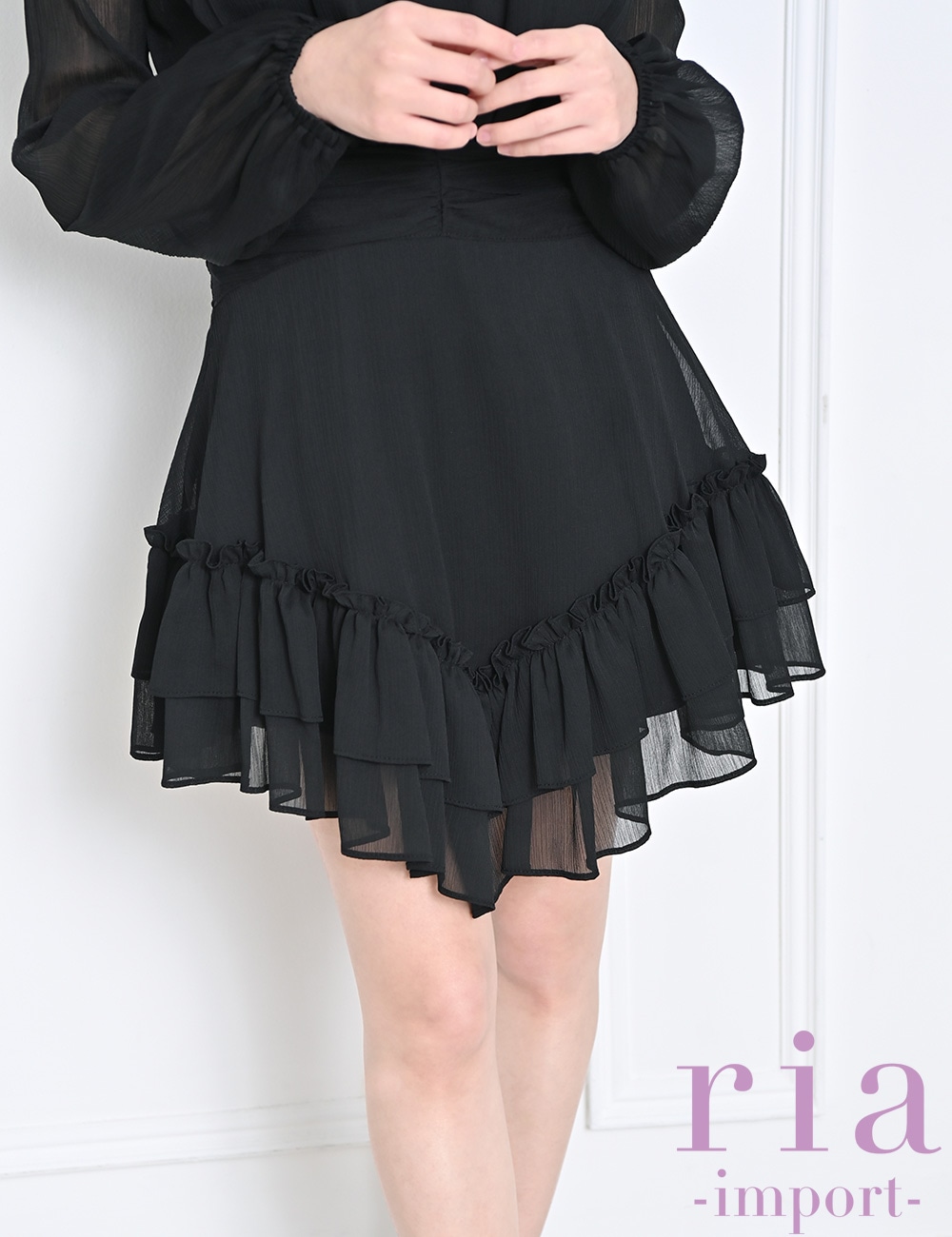 ria】ミニ/ドレス/ワンピース/ブラック/袖あり/長袖/フレア/シフォン