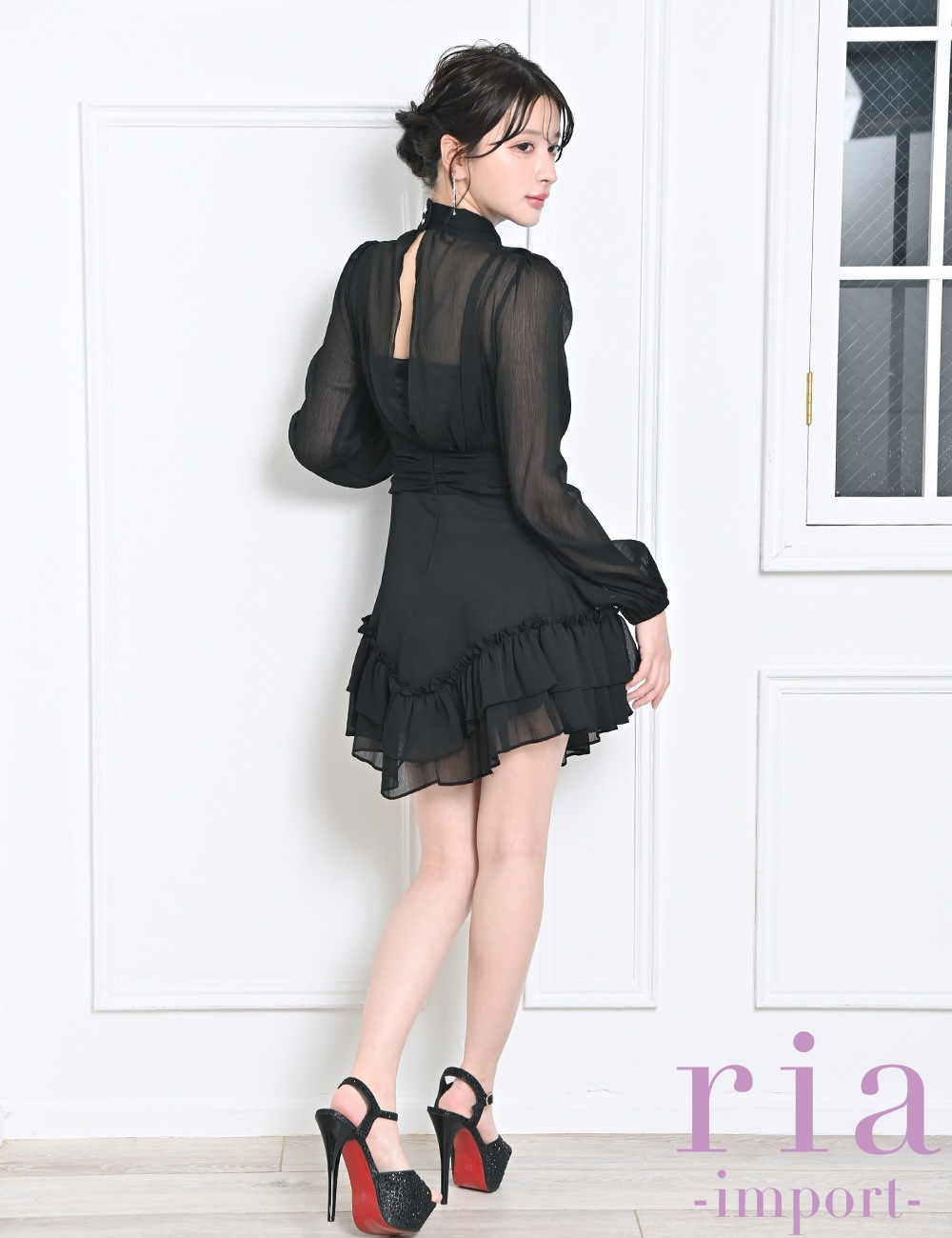 ria】ミニ/ドレス/ワンピース/ブラック/袖あり/長袖/フレア/シフォン