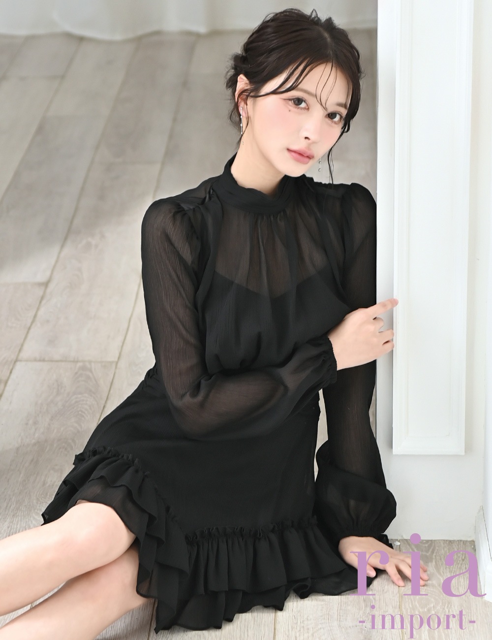 【ria】ミニ/ドレス/ワンピース/ブラック/袖あり/長袖/フレア/シフォン