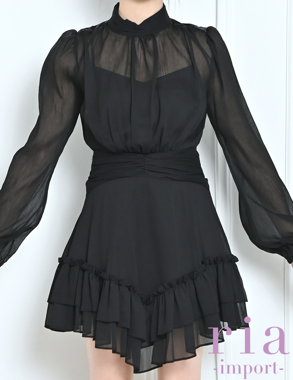 【ria】ミニ/ドレス/ワンピース/ブラック/袖あり/長袖/フレア/シフォン