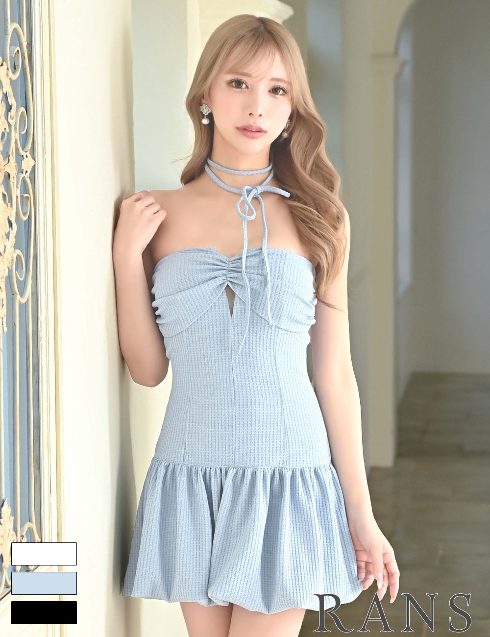 [即納][instock]【RANS】ミニ/ドレス/ワンピース/ブルー/ベア/バルーンスカート/ワッフル生地/リボン