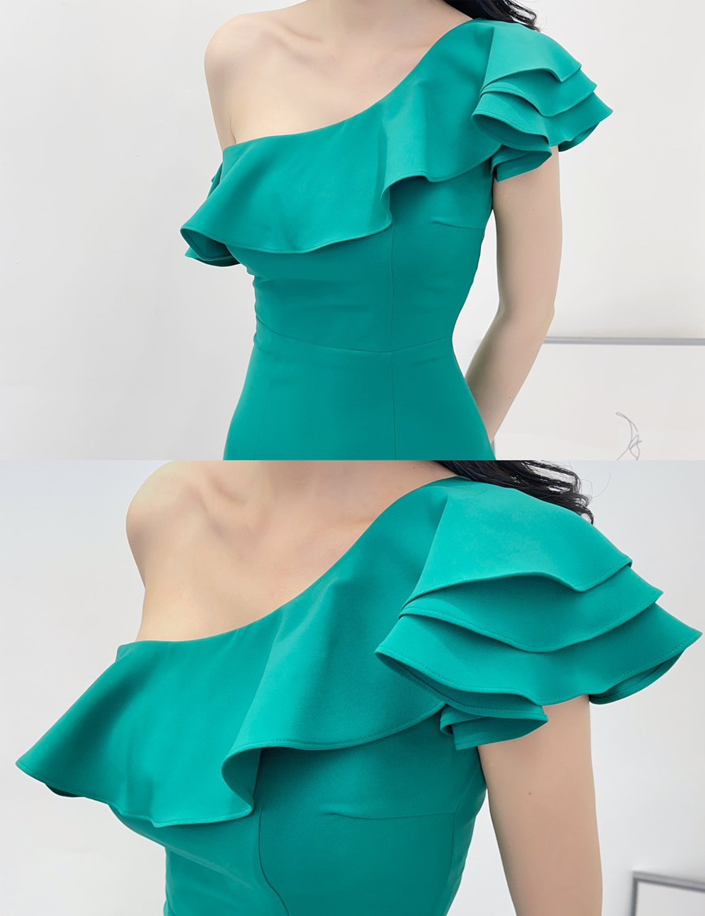 AIDMAX】丈長/ドレス/ワンピース/タイト/ワンショル/グリーン/フリル