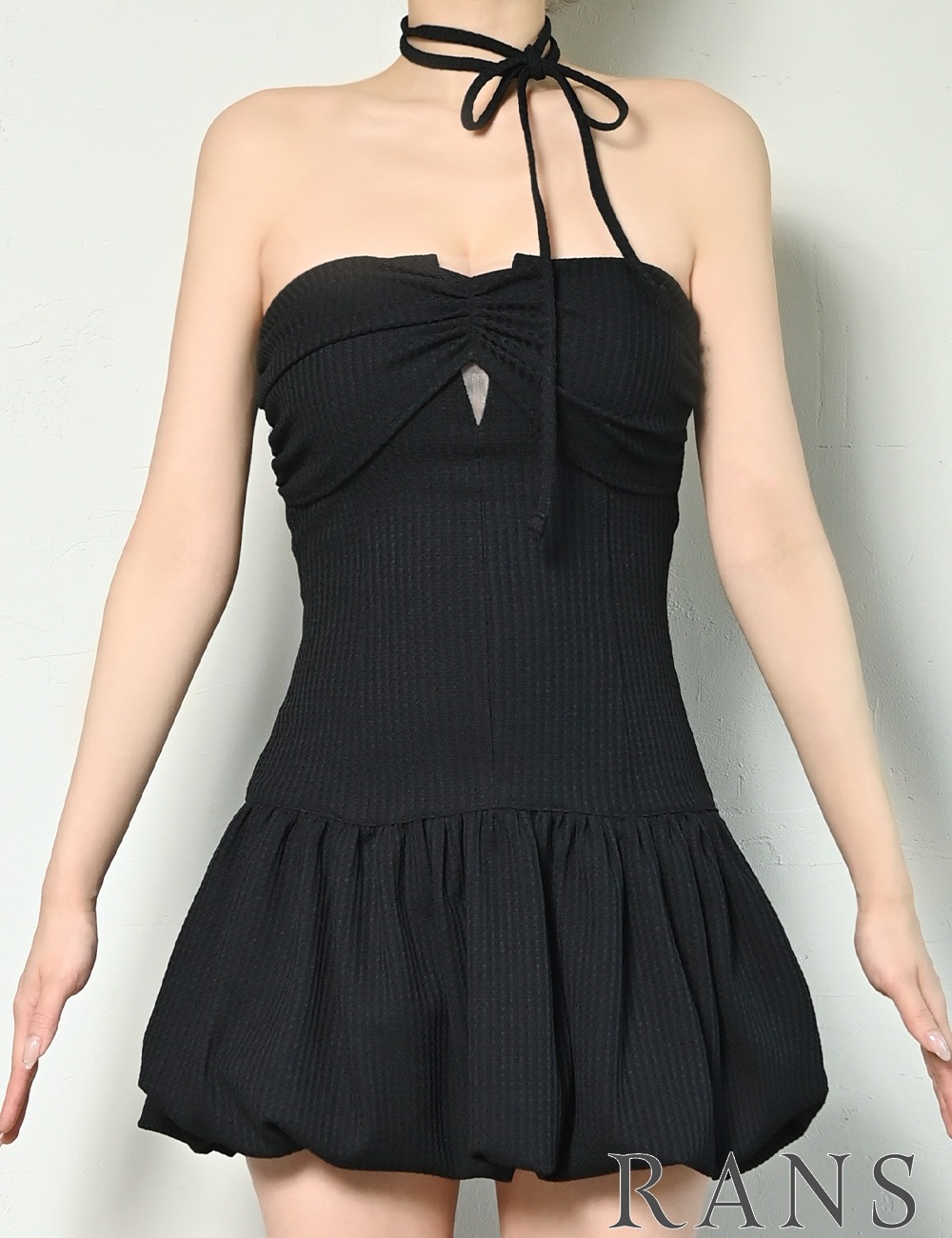 [即納][instock]【RANS】ミニ/ドレス/ワンピース/ブラック/ベア/バルーンスカート/ワッフル生地/リボン