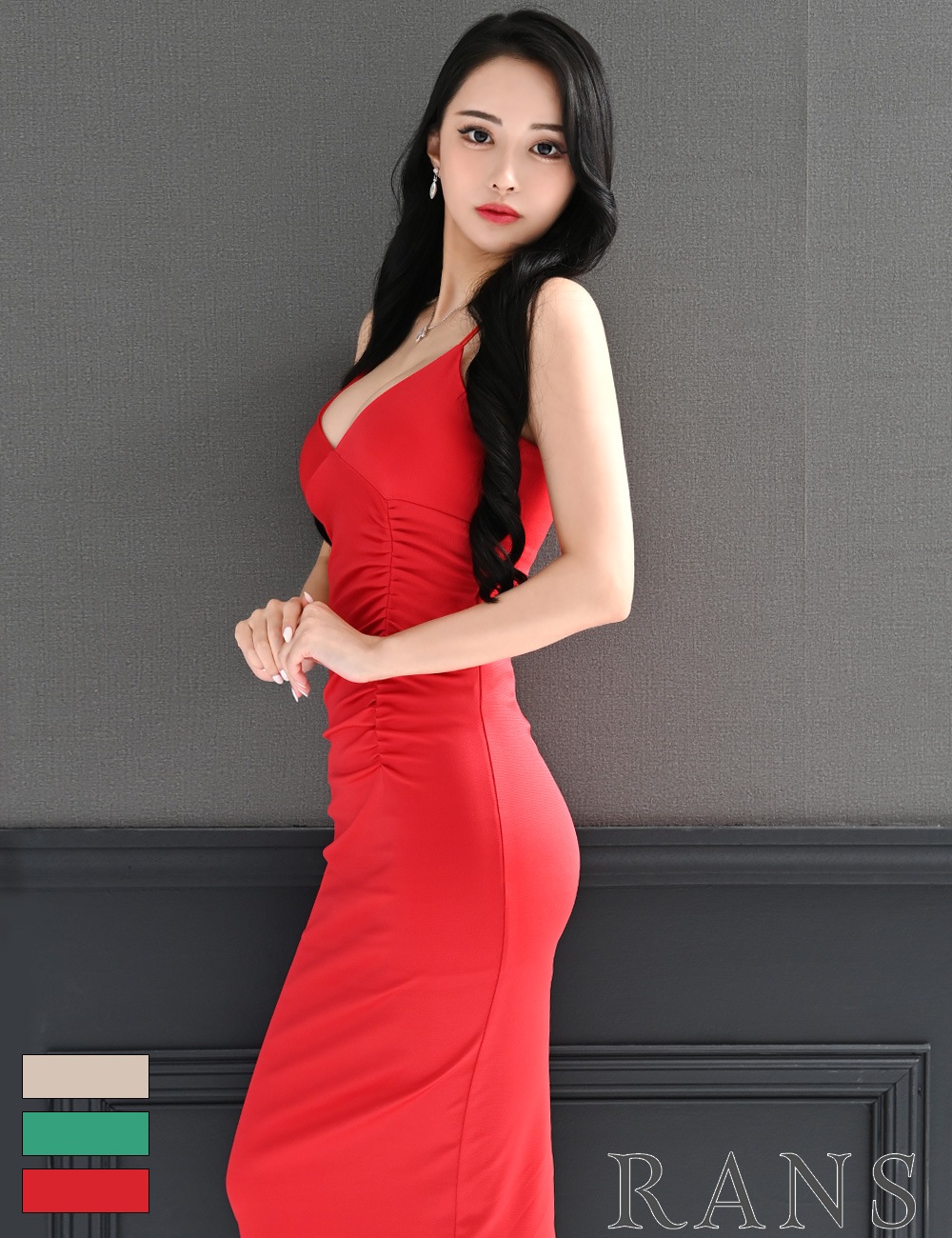 [即納][instock]【RANS】丈長/ドレス/ワンピース/レッド/タイト/キャミ/シャーリング