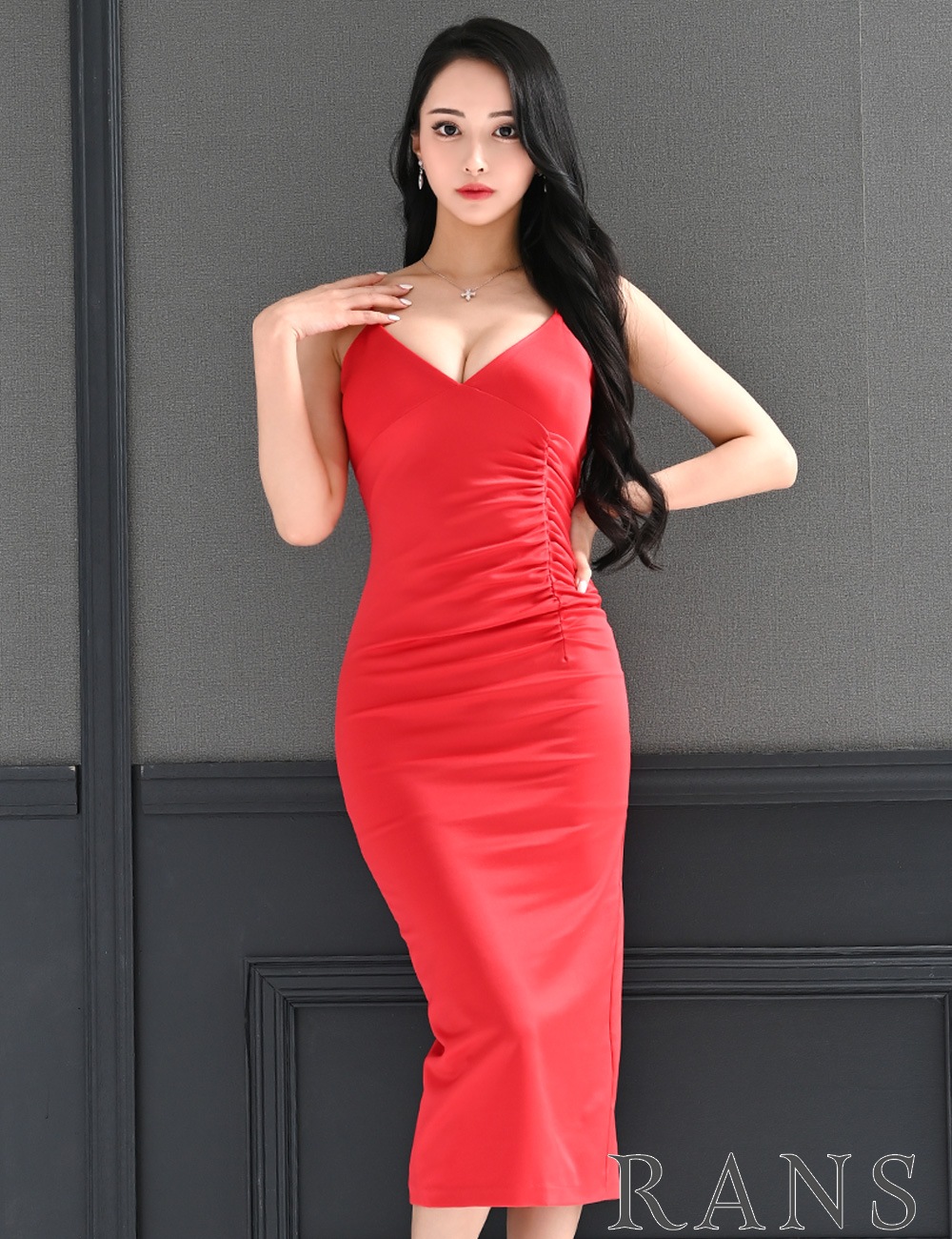 [即納][instock]【RANS】丈長/ドレス/ワンピース/レッド/タイト/キャミ/シャーリング