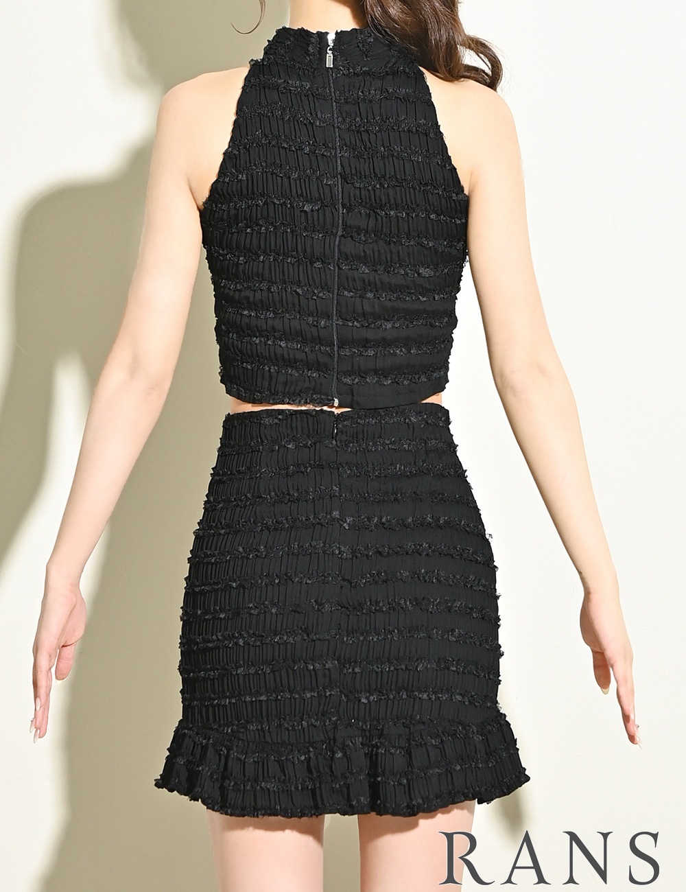 [即納][instock]【RAN SERENE】ミニ/ドレス/セットアップ/タイト/ブラック/ハイネック/シャーリングレース
