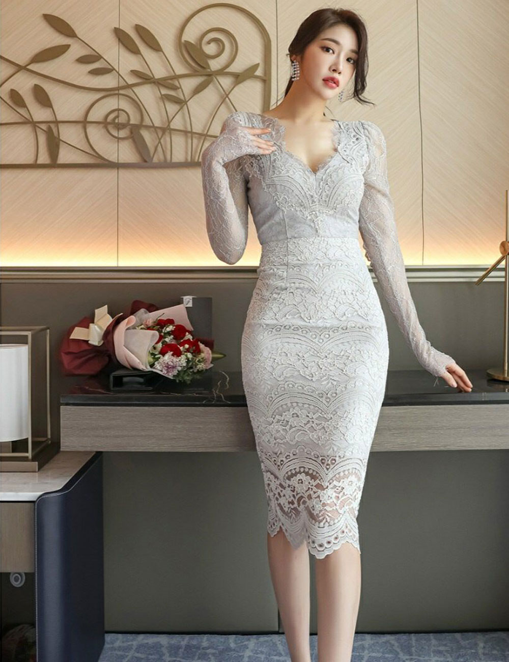 【AIDMAX】丈長/ドレス/ワンピース/グレー/レース/袖あり/長袖/S/M/韓国/ドレス通販