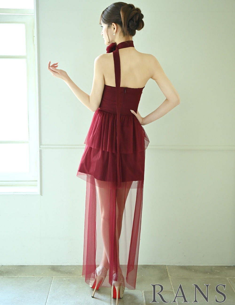 [即納][instock]【RANS】ミニ/ロング/ドレス/ワンピース/レッド/フレア/コサージュ/ローズ/シアー