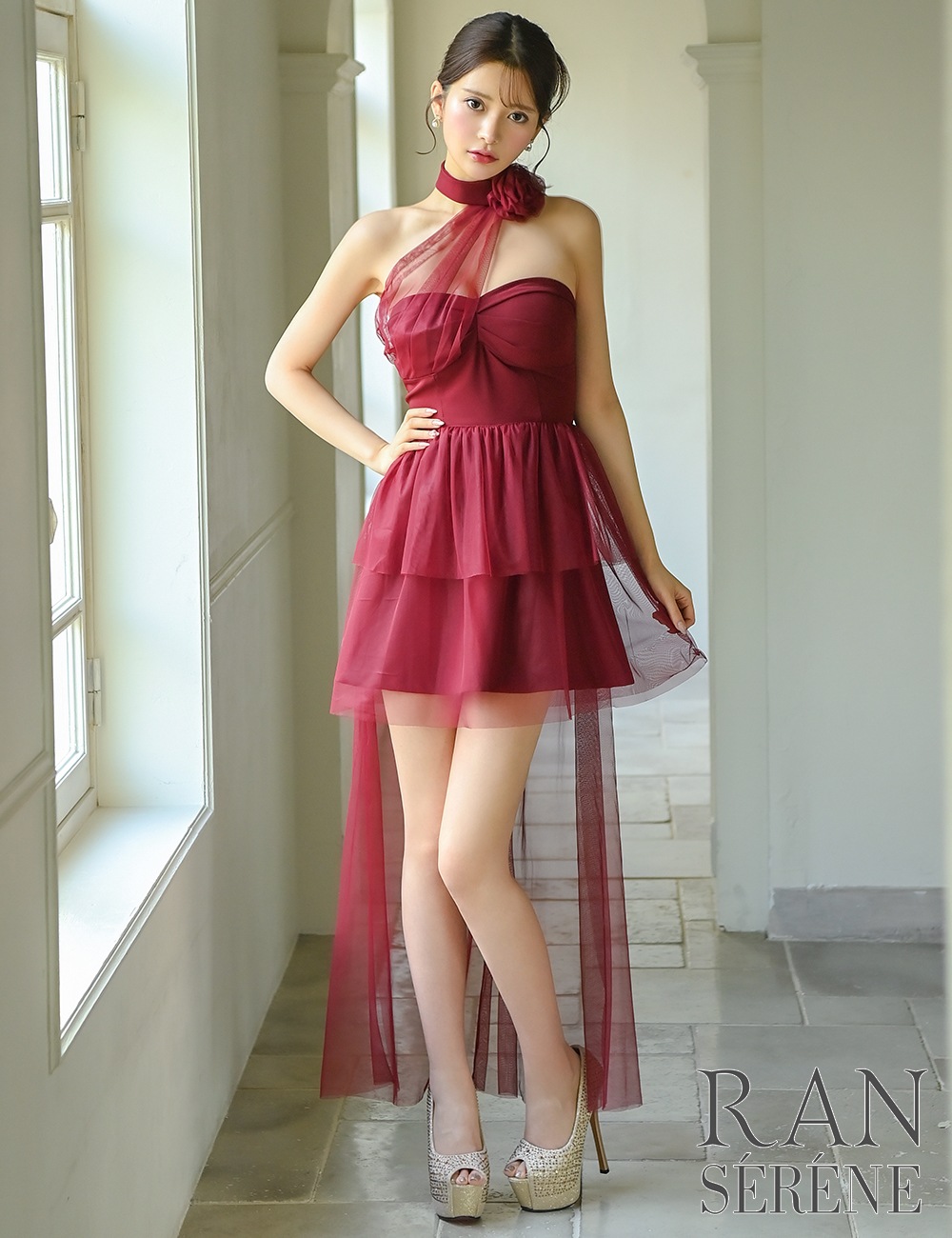 [即納][instock]【RAN SERENE】ミニ/ロング/ドレス/ワンピース/レッド/フレア/コサージュ/ローズ/シアー