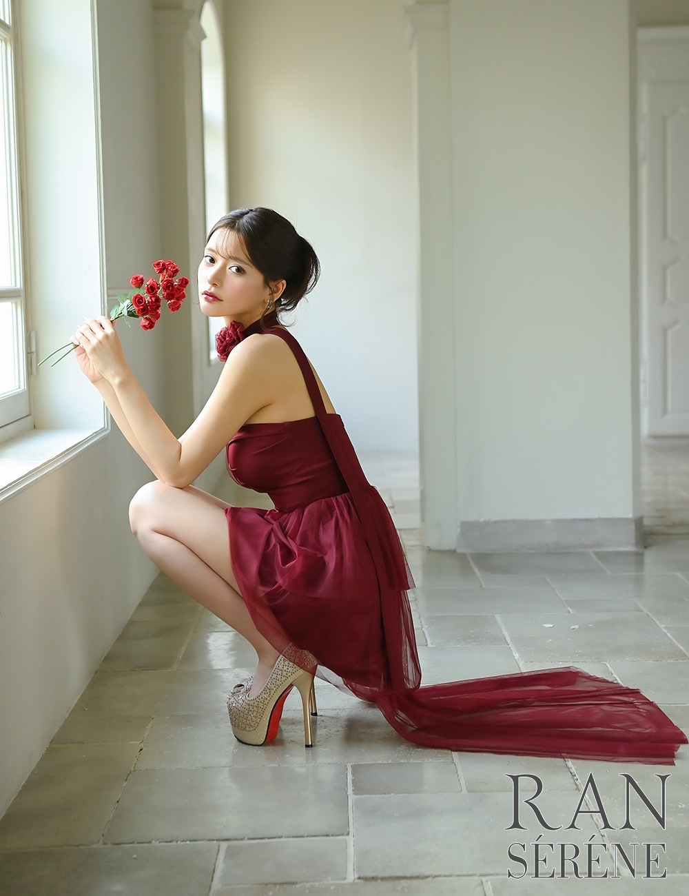 [即納][instock]【RAN SERENE】ミニ/ロング/ドレス/ワンピース/レッド/フレア/コサージュ/ローズ/シアー