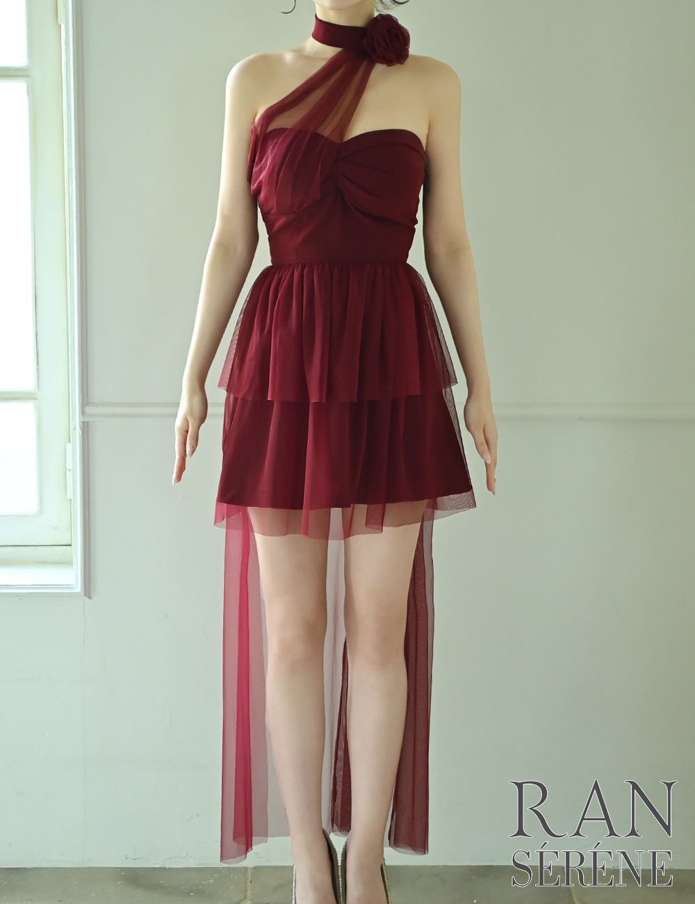 [即納][instock]【RAN SERENE】ミニ/ロング/ドレス/ワンピース/レッド/フレア/コサージュ/ローズ/シアー
