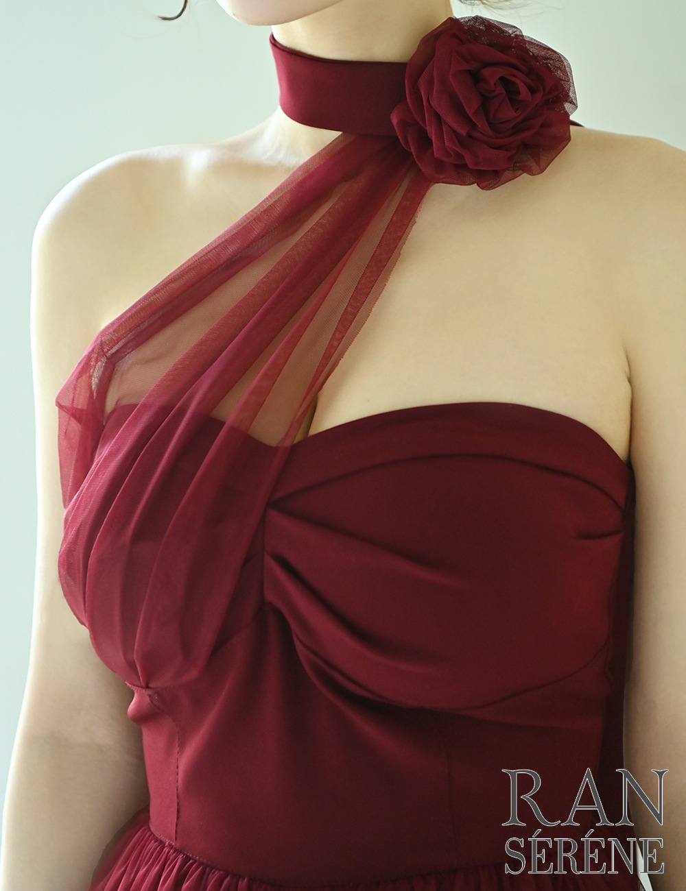 [即納][instock]【RAN SERENE】ミニ/ロング/ドレス/ワンピース/レッド/フレア/コサージュ/ローズ/シアー