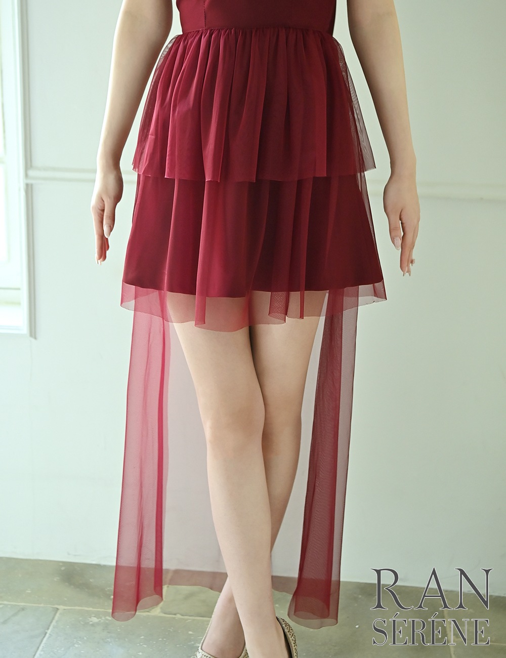 [即納][instock]【RAN SERENE】ミニ/ロング/ドレス/ワンピース/レッド/フレア/コサージュ/ローズ/シアー