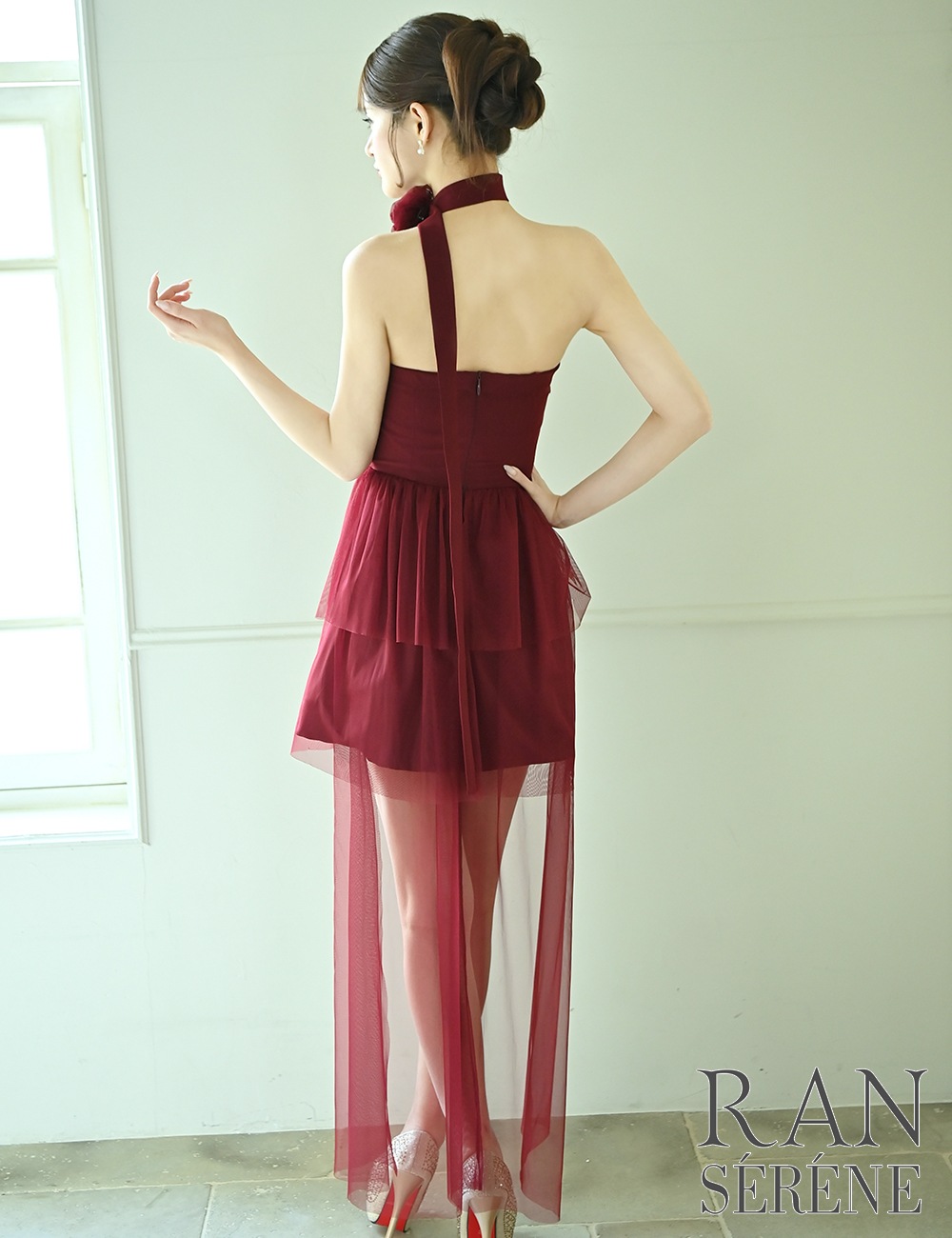 [即納][instock]【RAN SERENE】ミニ/ロング/ドレス/ワンピース/レッド/フレア/コサージュ/ローズ/シアー
