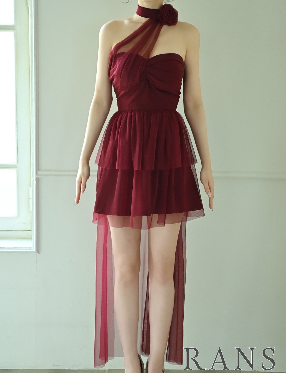 [即納][instock]【RANS】ミニ/ロング/ドレス/ワンピース/レッド/フレア/コサージュ/ローズ/シアー