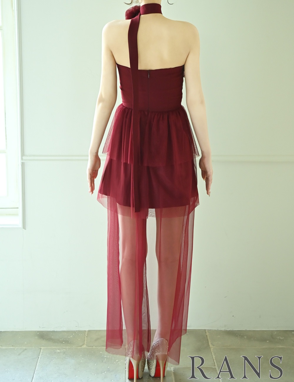 [即納][instock]【RANS】ミニ/ロング/ドレス/ワンピース/レッド/フレア/コサージュ/ローズ/シアー