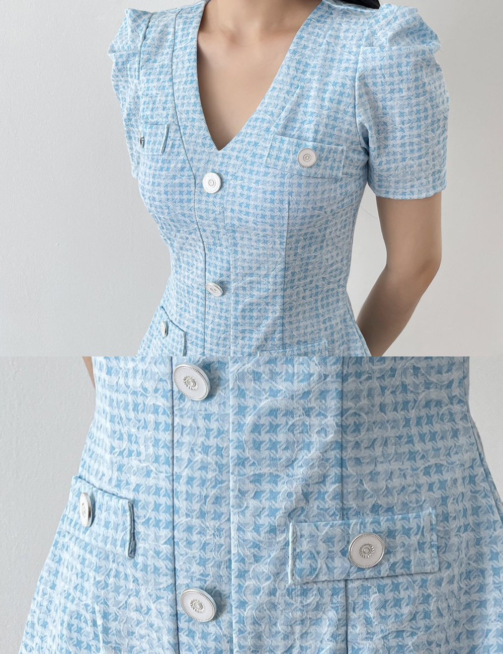 instock]【AIDMAX】ミニ/ドレス/フレア/ワンピース/袖あり/ブルー/千鳥