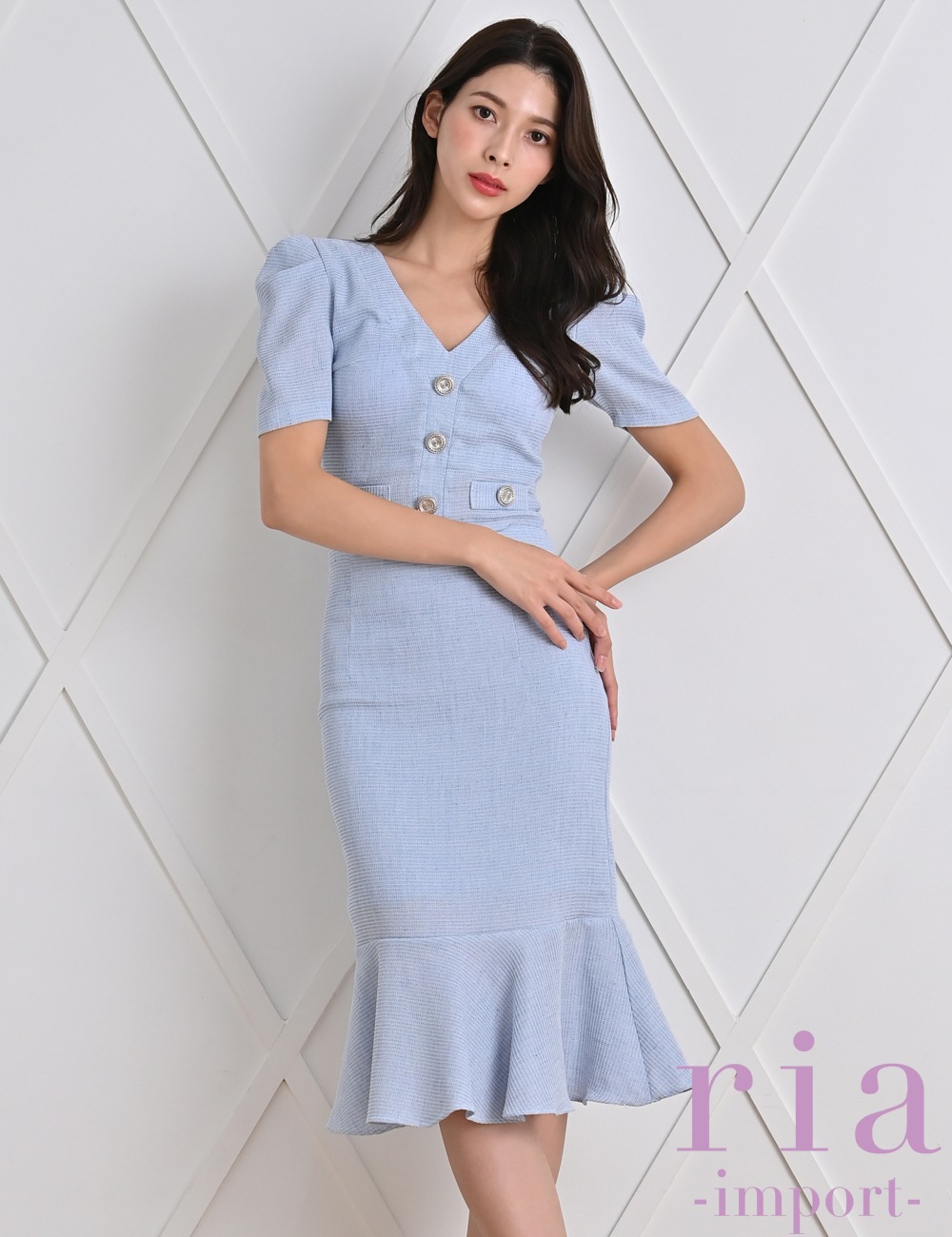 ria】丈長/ドレス/セットアップ/ブルー/マーメイド/半袖/パワショル/V  