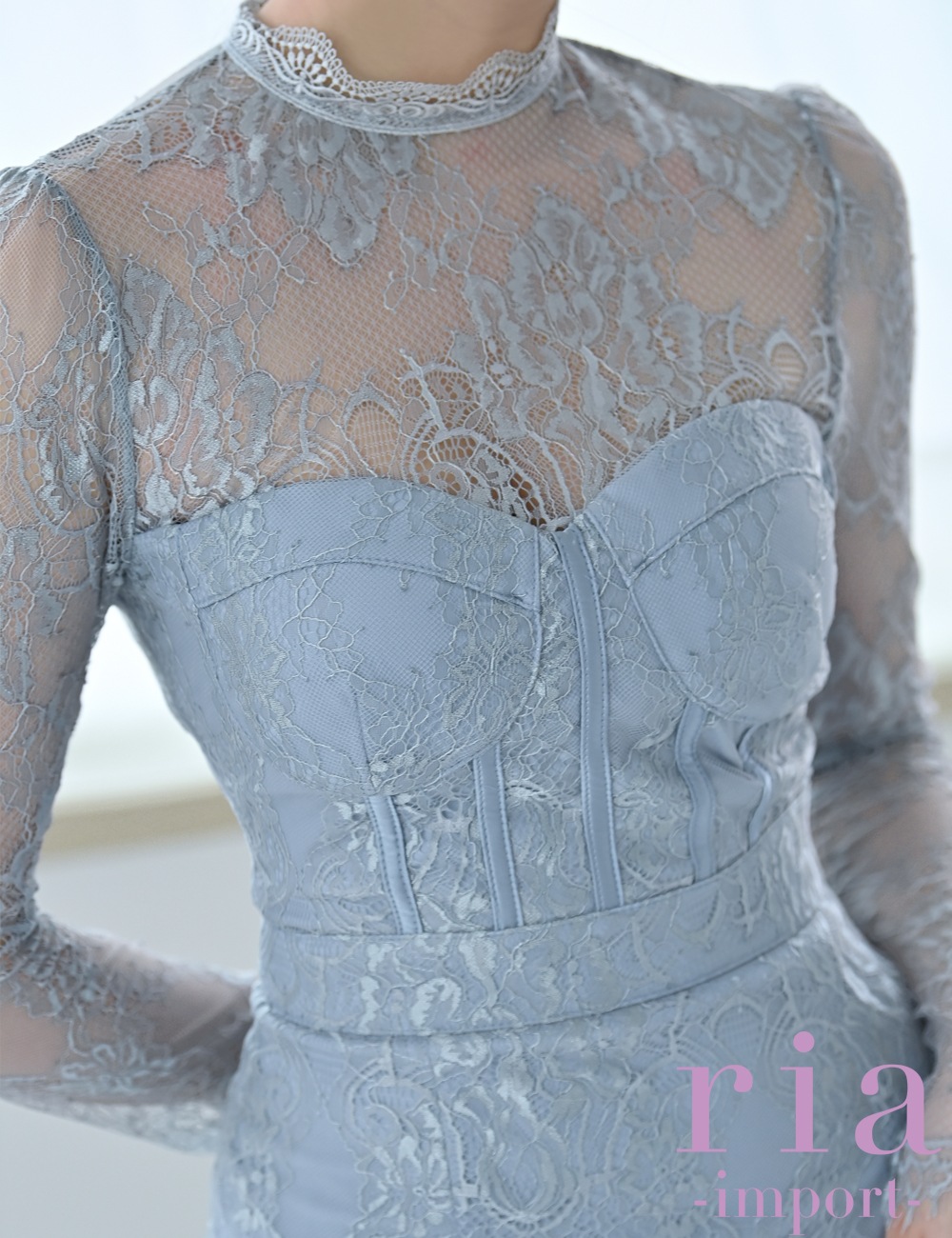 【ria】丈長/ドレス/ワンピース/ブルーグレー/レース/長袖/タイト