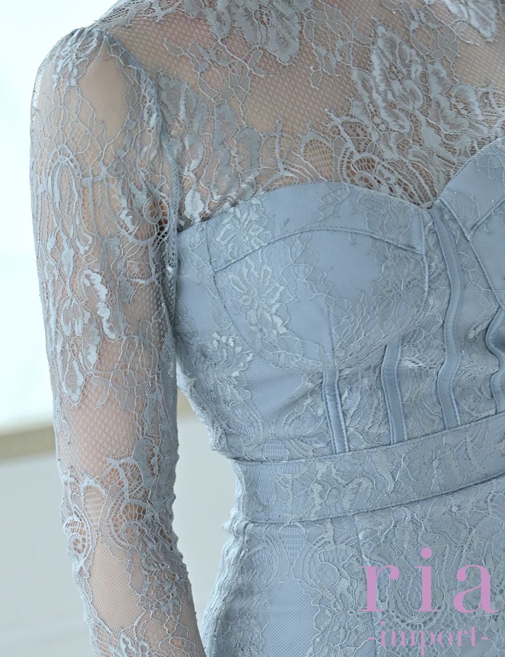 【ria】丈長/ドレス/ワンピース/ブルーグレー/レース/長袖/タイト