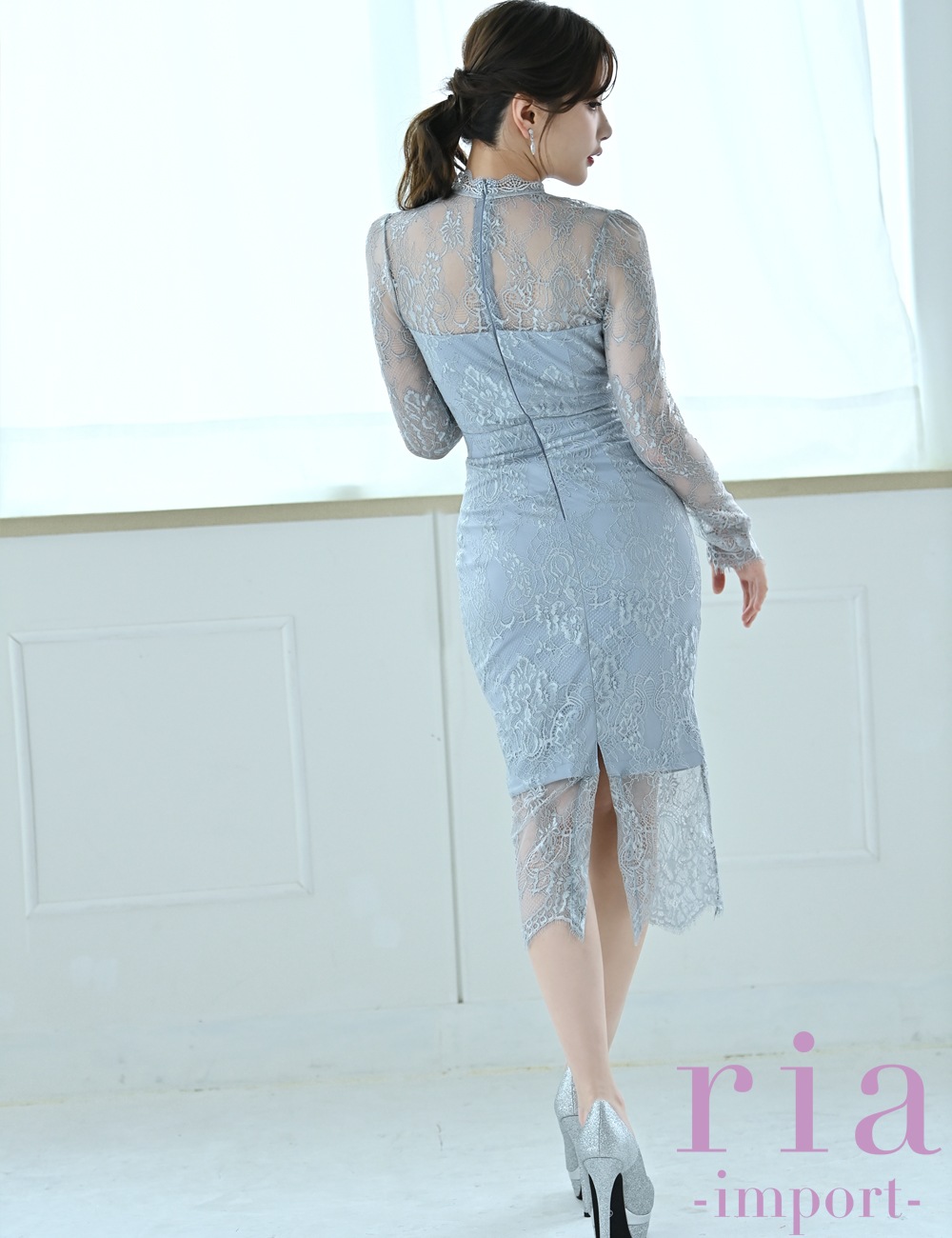 【ria】丈長/ドレス/ワンピース/ブルーグレー/レース/長袖/タイト
