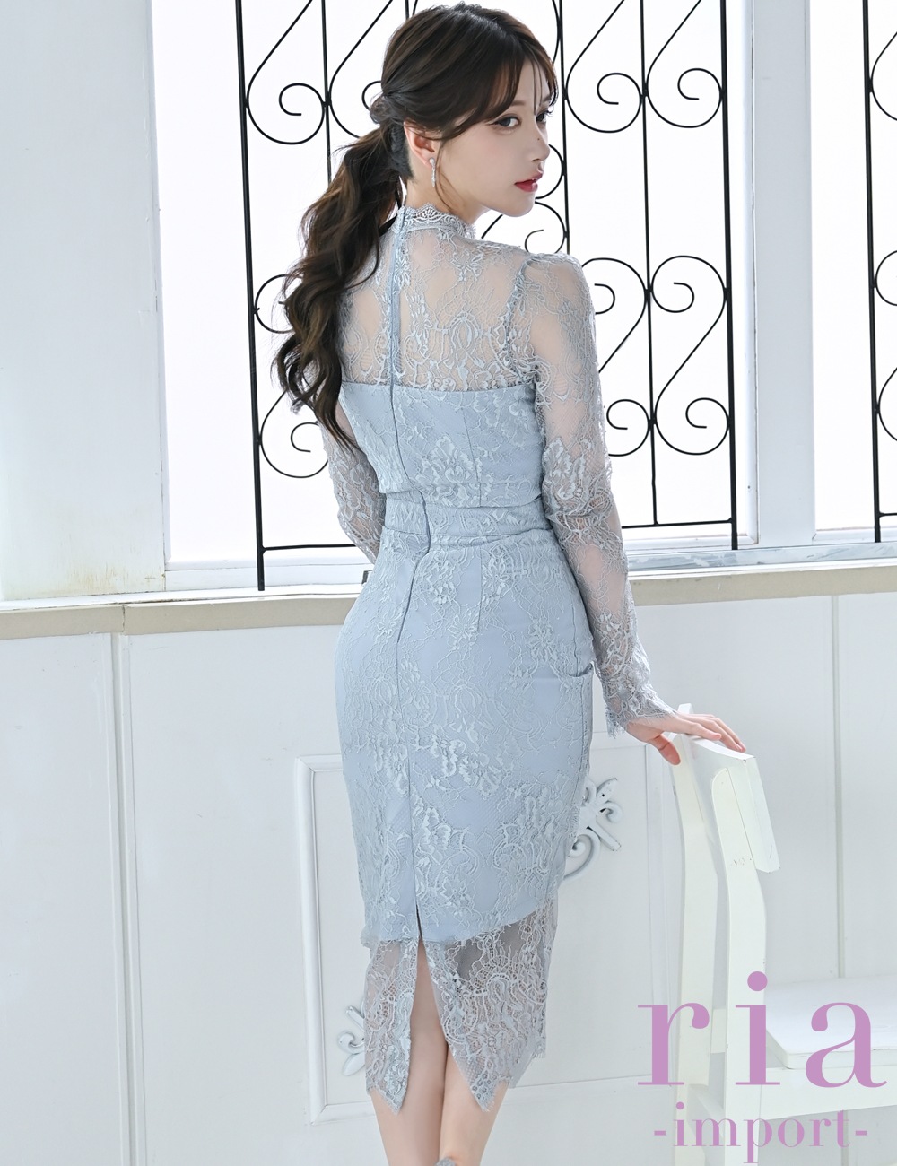 【ria】丈長/ドレス/ワンピース/ブルーグレー/レース/長袖/タイト