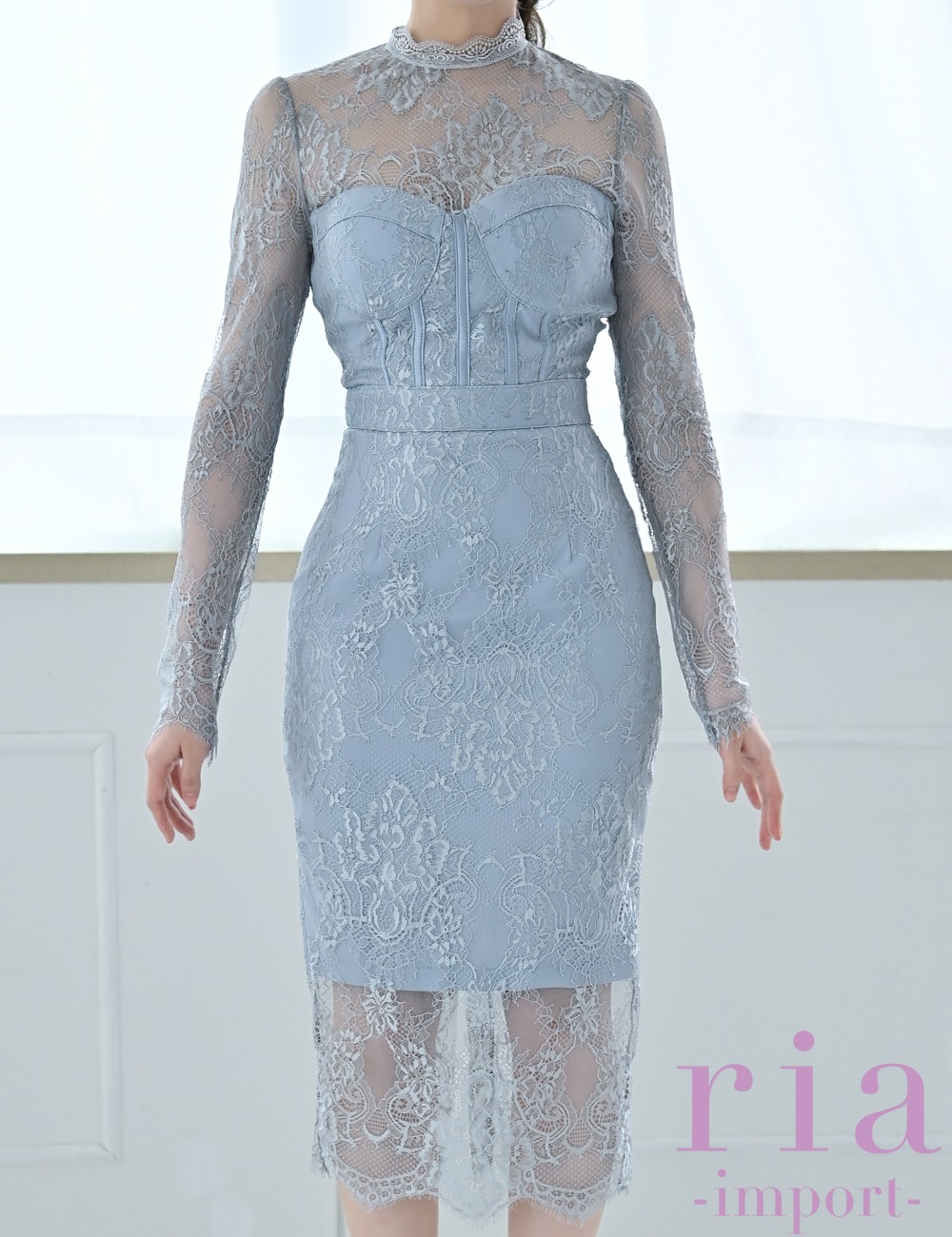 【ria】丈長/ドレス/ワンピース/ブルーグレー/レース/長袖/タイト