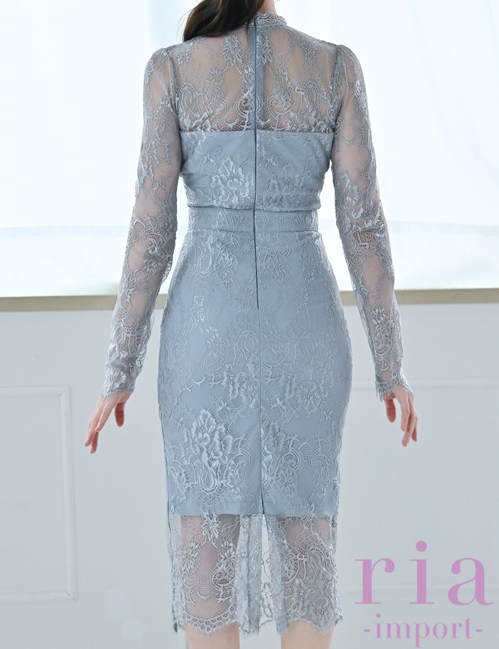 【ria】丈長/ドレス/ワンピース/ブルーグレー/レース/長袖/タイト