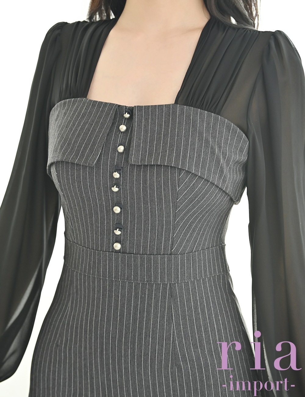 【ria】丈長/ドレス/ワンピース/ブラック/袖あり/長袖/ストライプ/シアー切り替え/タイト