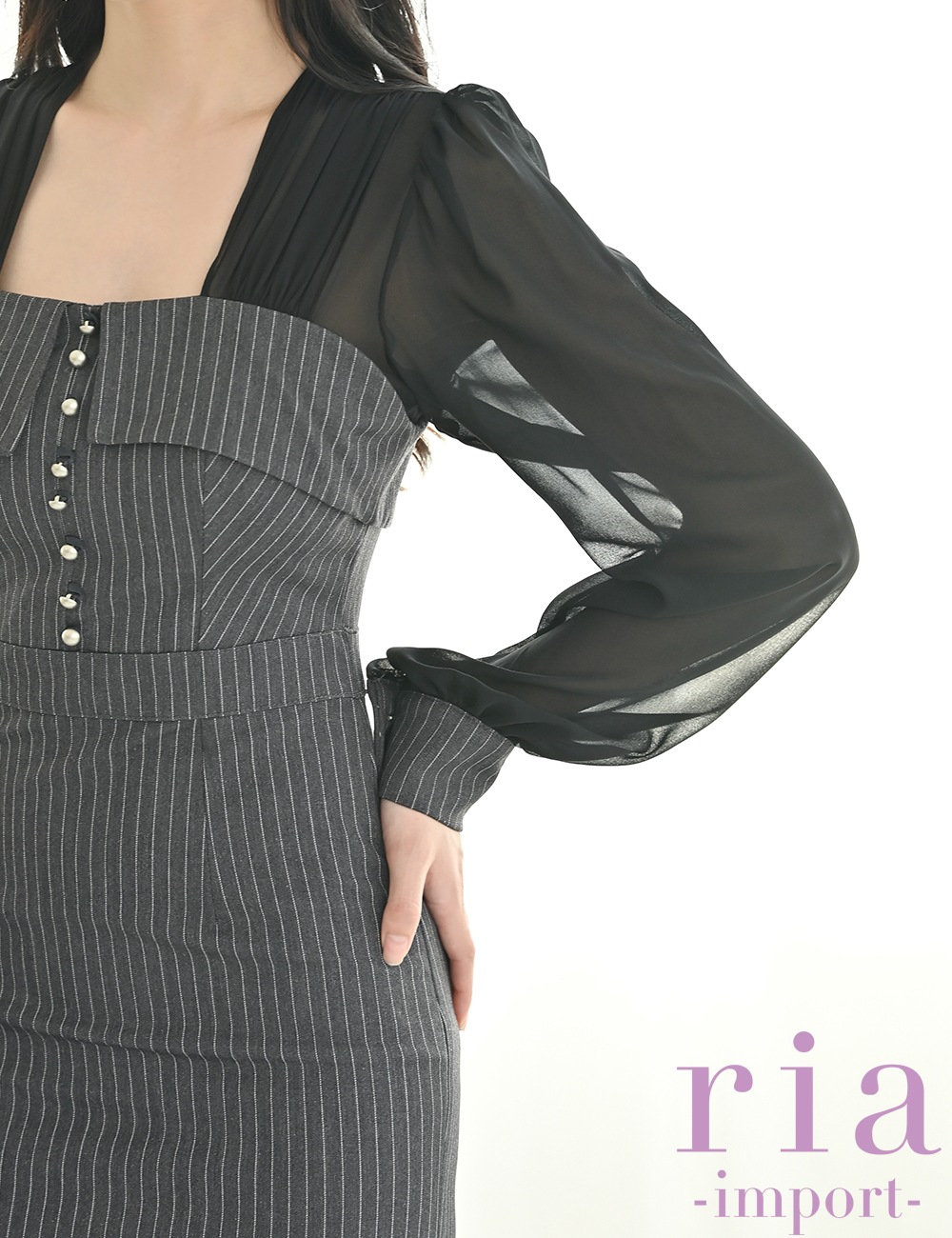 【ria】丈長/ドレス/ワンピース/ブラック/袖あり/長袖/ストライプ/シアー切り替え/タイト