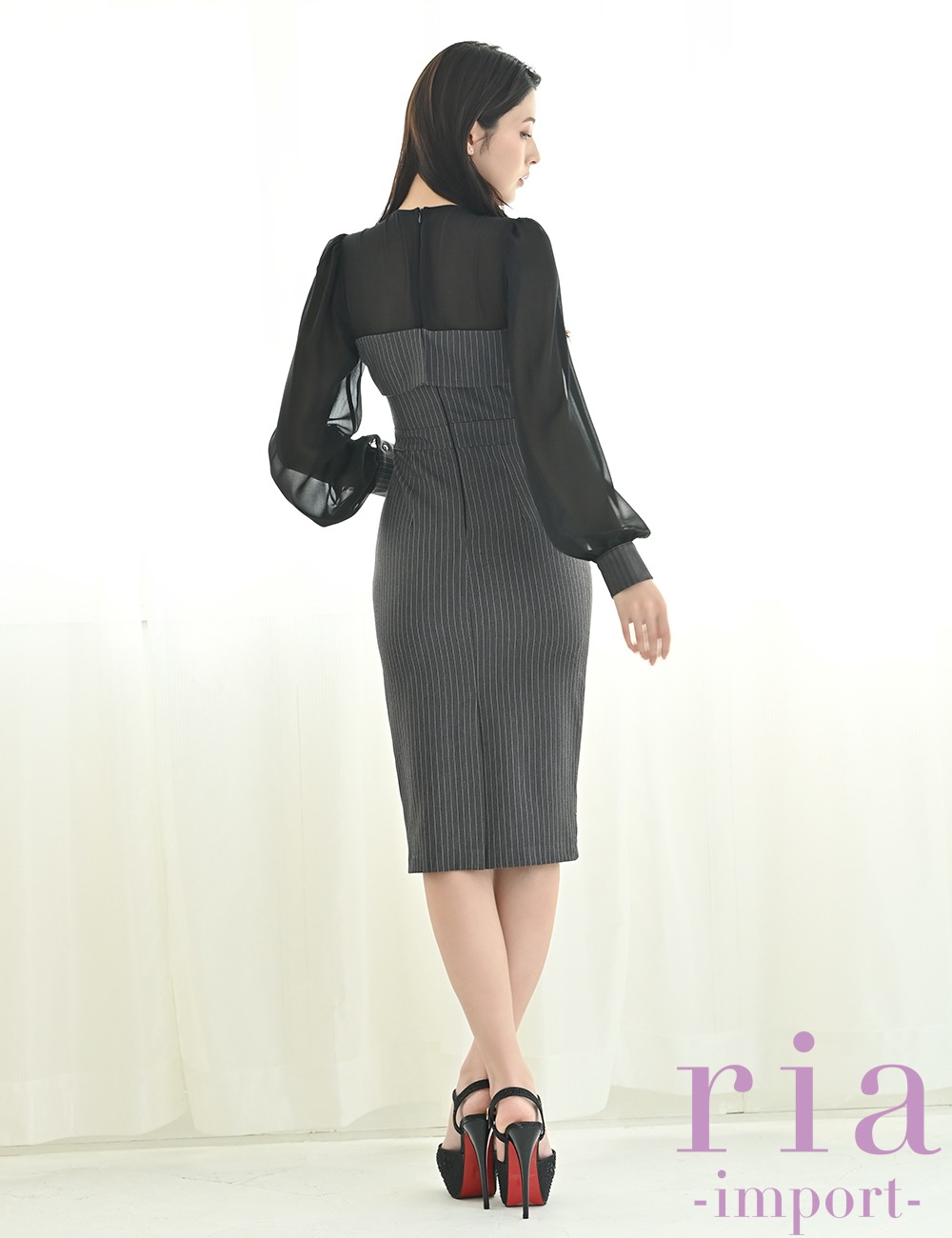 【ria】丈長/ドレス/ワンピース/ブラック/袖あり/長袖/ストライプ/シアー切り替え/タイト
