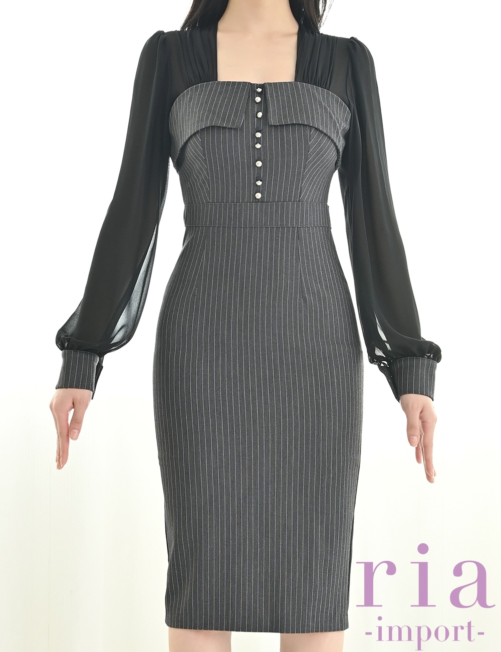 【ria】丈長/ドレス/ワンピース/ブラック/袖あり/長袖/ストライプ/シアー切り替え/タイト