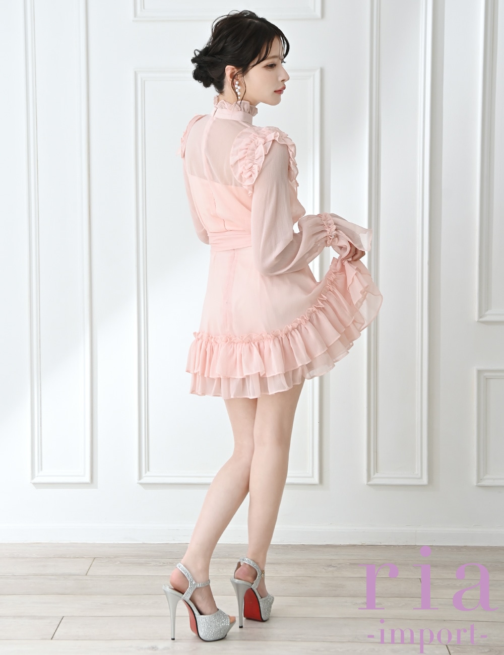 ria】ミニ/ドレス/ワンピース/ピンク/袖あり/長袖/フレア/シフォン