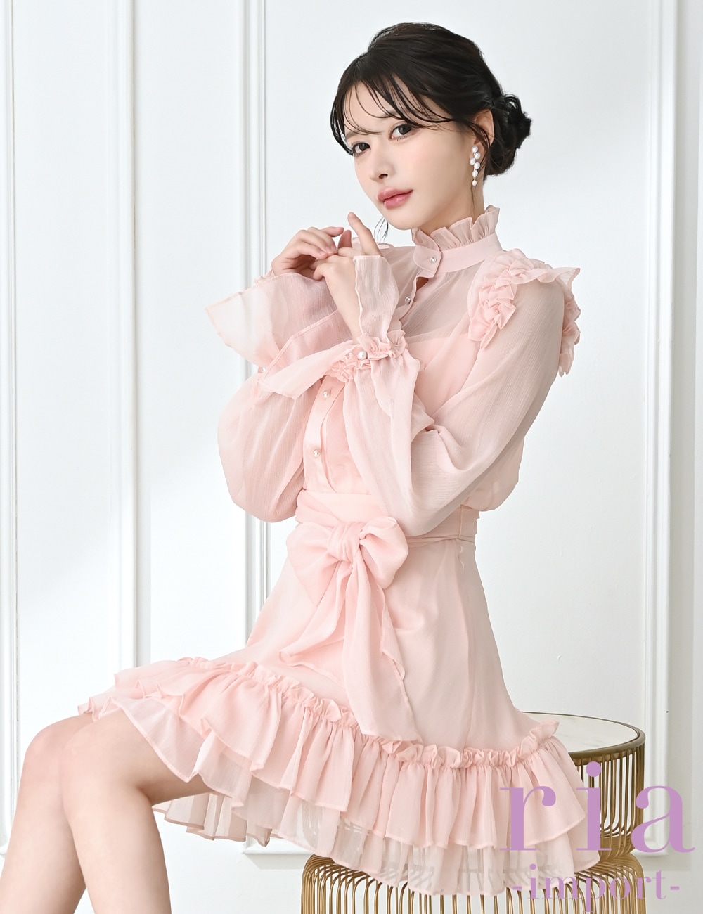 ria】ミニ/ドレス/ワンピース/ピンク/袖あり/長袖/フレア/シフォン