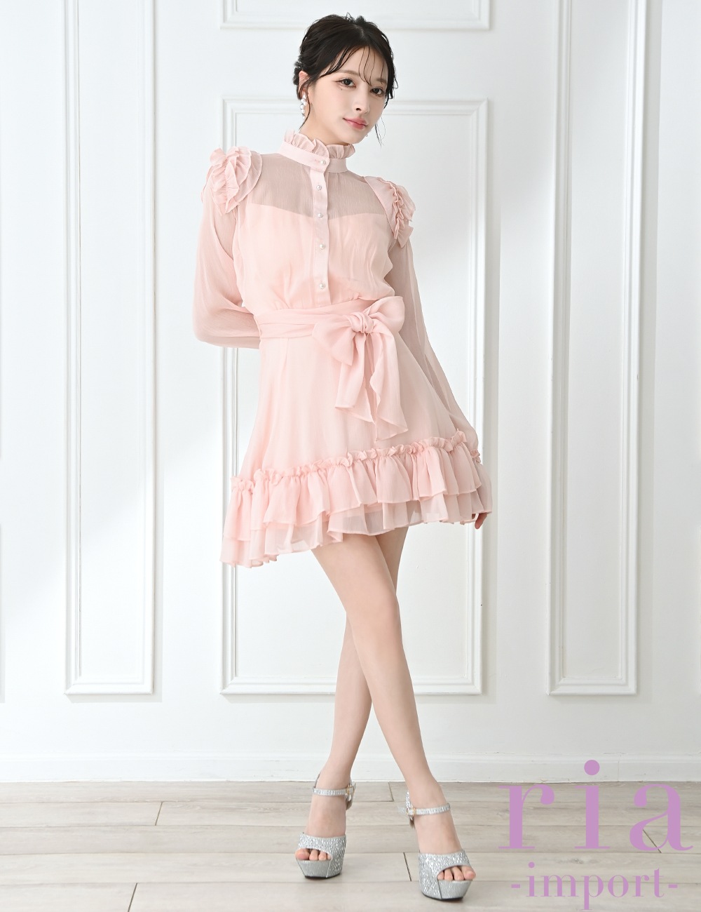 マリアピピ ライトグログラン クラシカルレーシードレス　ピンク ria】ミニ/ドレス/ワンピース/ピンク/袖あり/長袖/フレア/シフォン