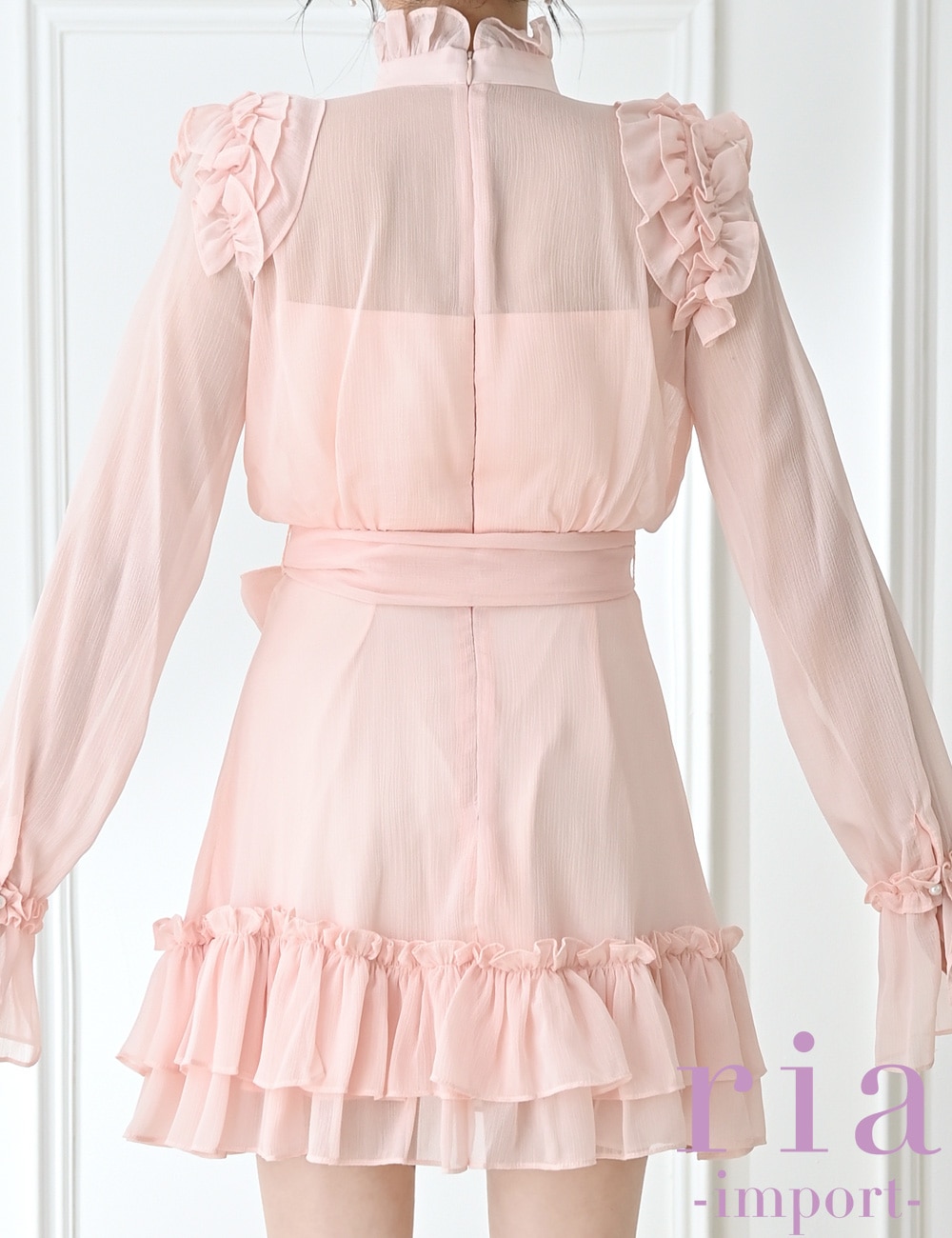 ria】ミニ/ドレス/ワンピース/ピンク/袖あり/長袖/フレア/シフォン