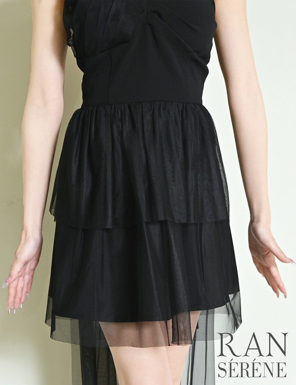 [即納][instock]【RAN SERENE】ミニ/ロング/ドレス/ワンピース/ブラック/フレア/コサージュ/ローズ/シアー