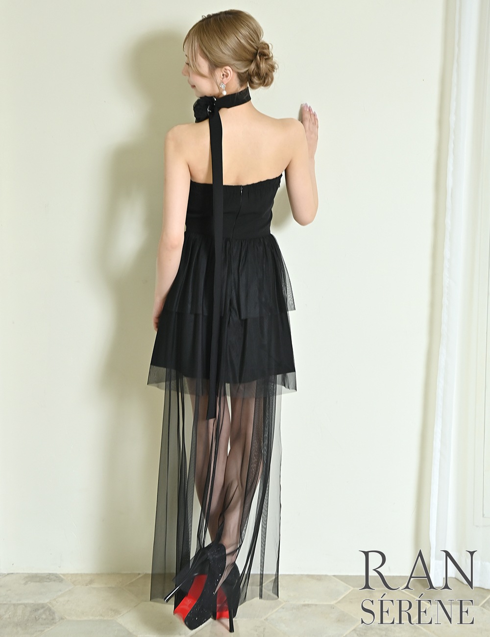 [即納][instock]【RAN SERENE】ミニ/ロング/ドレス/ワンピース/ブラック/フレア/コサージュ/ローズ/シアー
