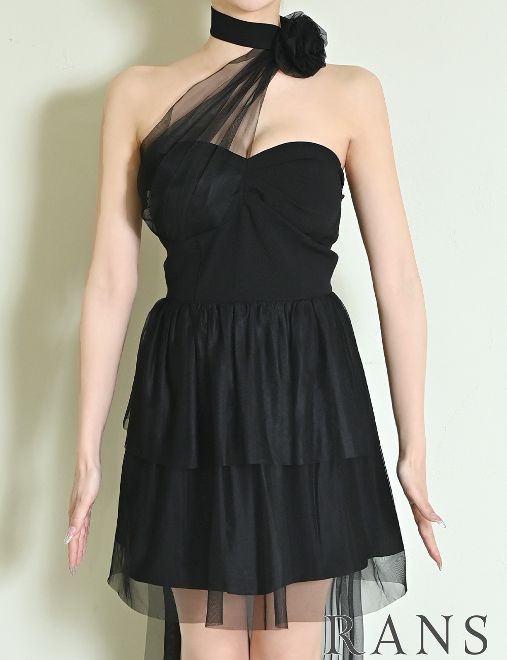 [即納][instock]【RANS】ミニ/ロング/ドレス/ワンピース/ブラック/フレア/コサージュ/ローズ/シアー