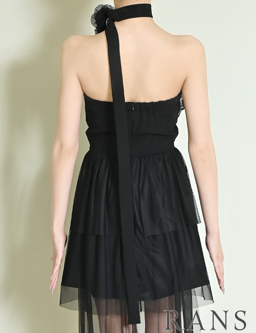 [即納][instock]【RANS】ミニ/ロング/ドレス/ワンピース/ブラック/フレア/コサージュ/ローズ/シアー