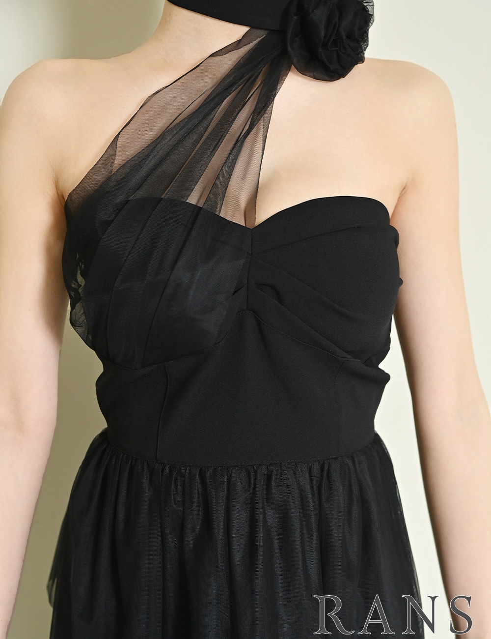 [即納][instock]【RANS】ミニ/ロング/ドレス/ワンピース/ブラック/フレア/コサージュ/ローズ/シアー